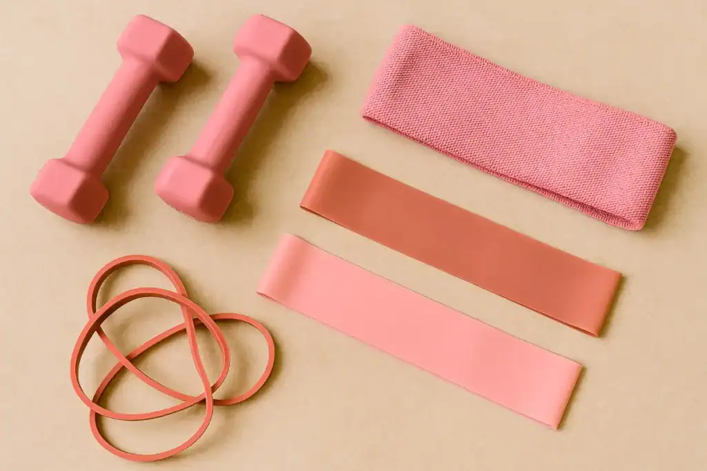 How to Create an At-Home Postpartum Workout Plan 7 various pink exercise equipment, including resistant bands and weights