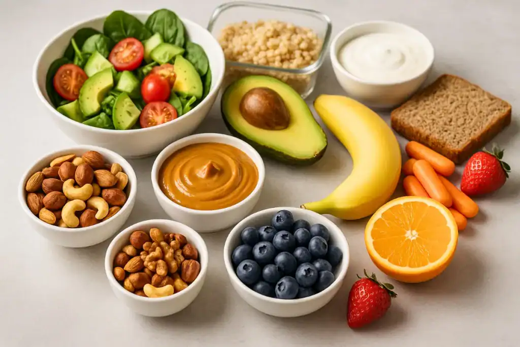 How to Create an At-Home Postpartum Workout Plan 9 multiple healthy snacks in a studio style shot, including oranges, bananas, and nuts