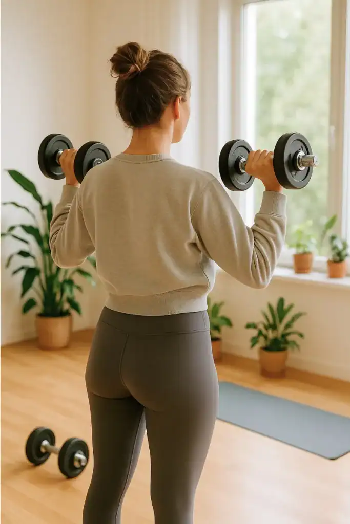 How to Create an At-Home Postpartum Workout Plan 2 woman following her custom at-home postpartum workout plan, by lifting weights with both hands.