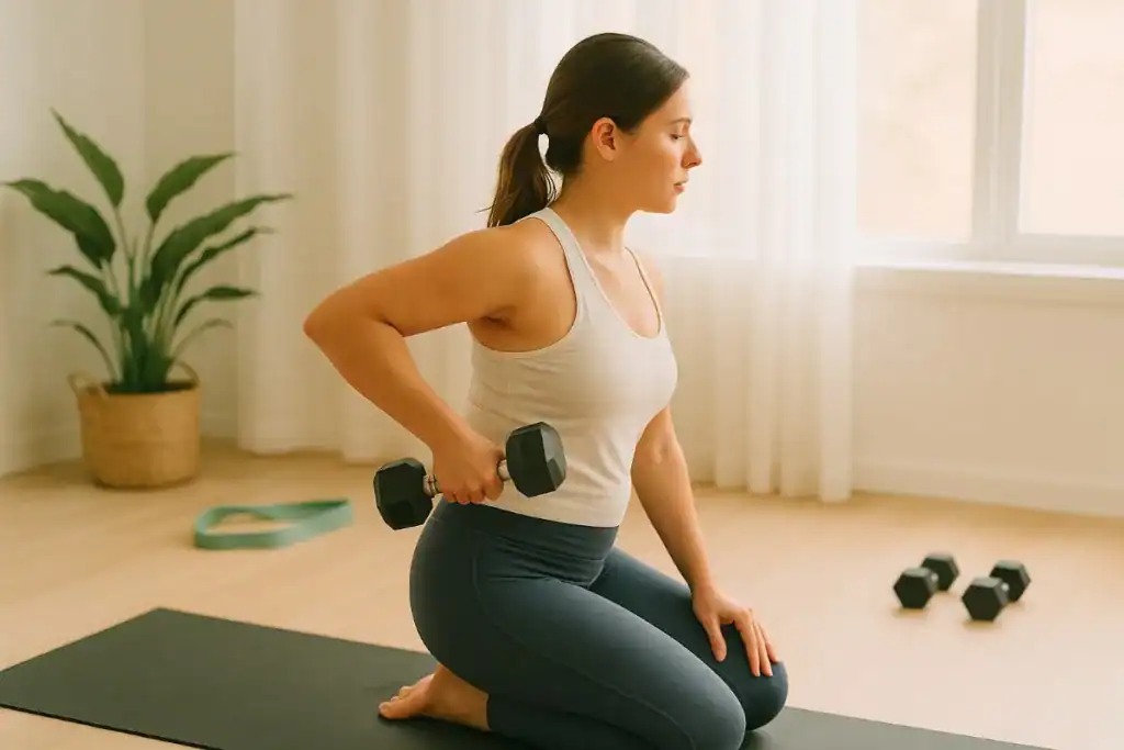 How to Create an At-Home Postpartum Workout Plan 6 woman on a workout mat lifting one dumbbell with her hand