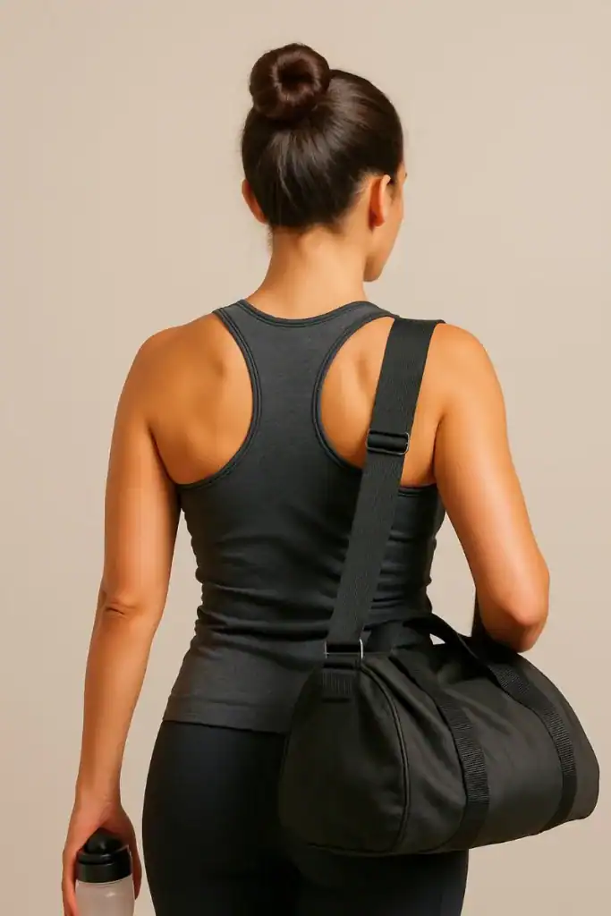 How to Create an At-Home Postpartum Workout Plan 8 woman in gray top ready to go to the gym