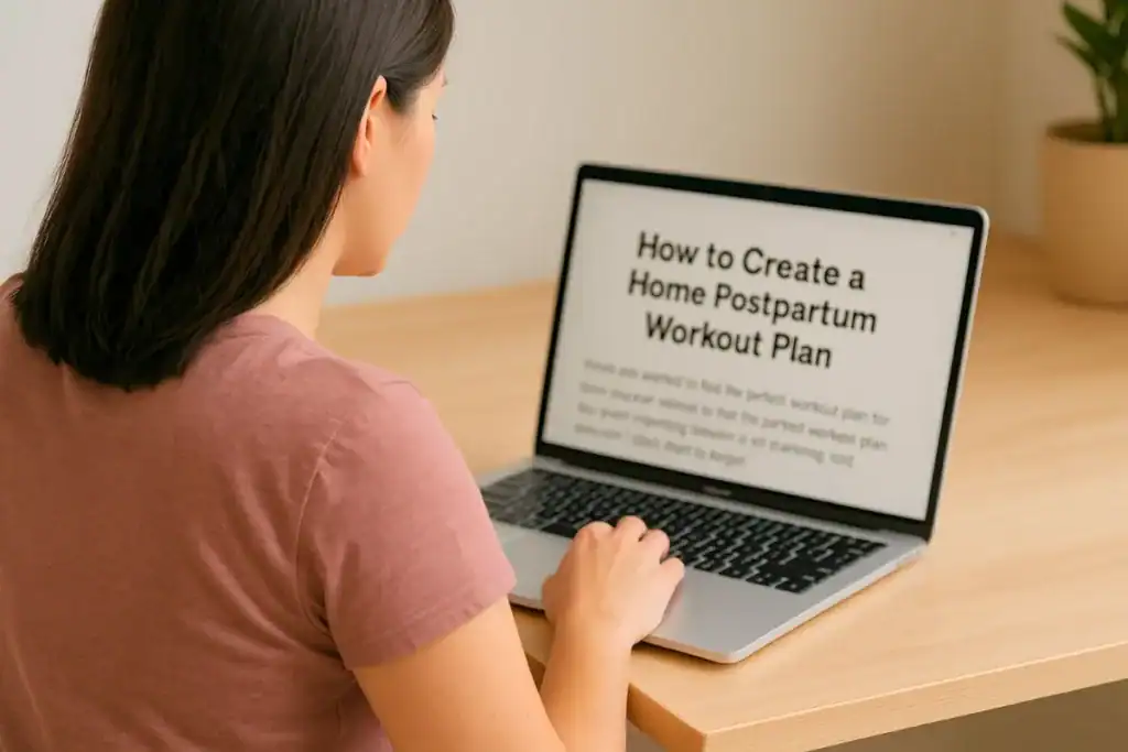 How to Create an At-Home Postpartum Workout Plan 3 woman is on her computer typing out her postpartum workout plan