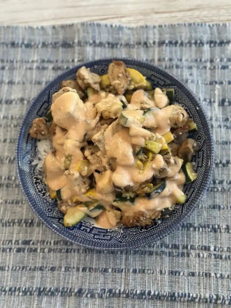 How To Glow-Up Postpartum: 5 Super Realistic Ways to Feel Like Yourself Again 2 delicious hibachi in a blue China bowl with vegetables